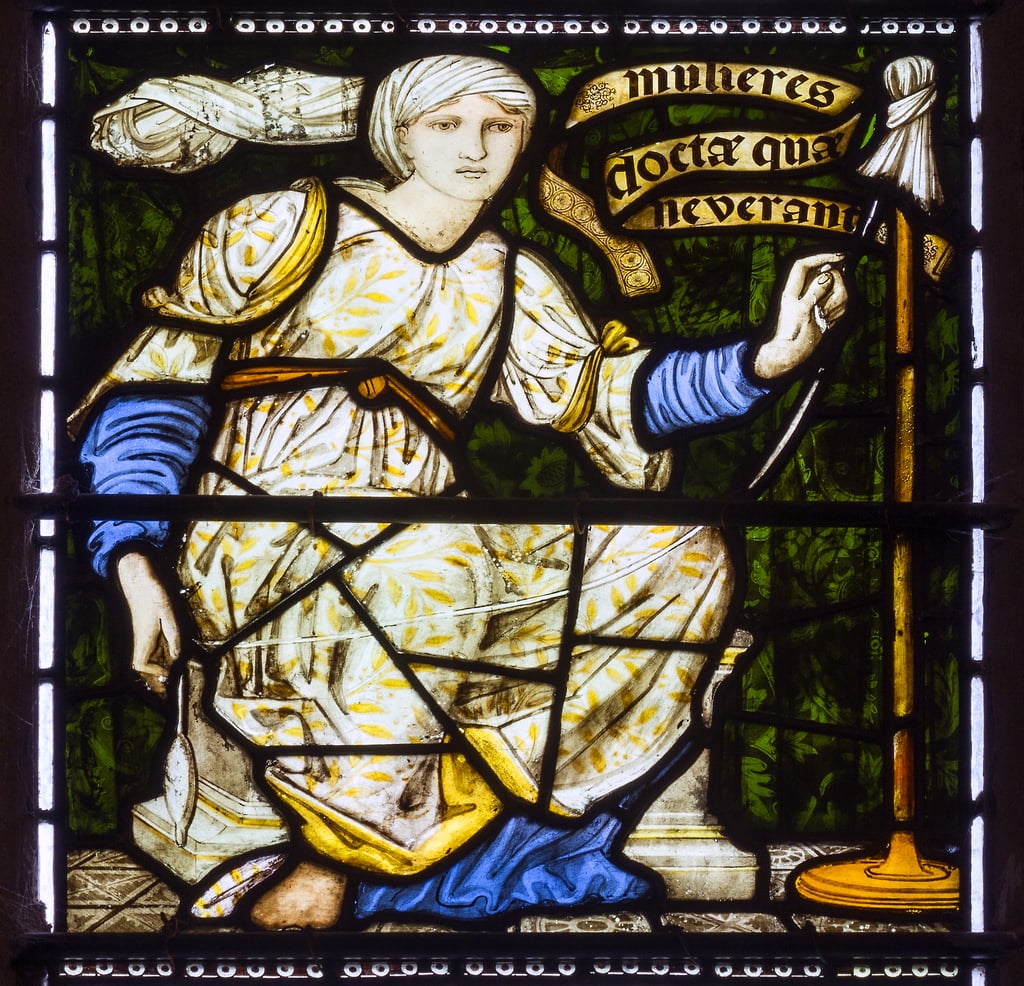 ペイズリー修道院、モリス＆Co.、エドワードバーンジョーンズ、高潔な女性、彼女はスピンドルに手を置きます、1874